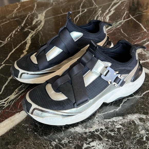 DIOR Black Nylon & Silver Leather Sneakers w/ Buckle Elastic Size 8